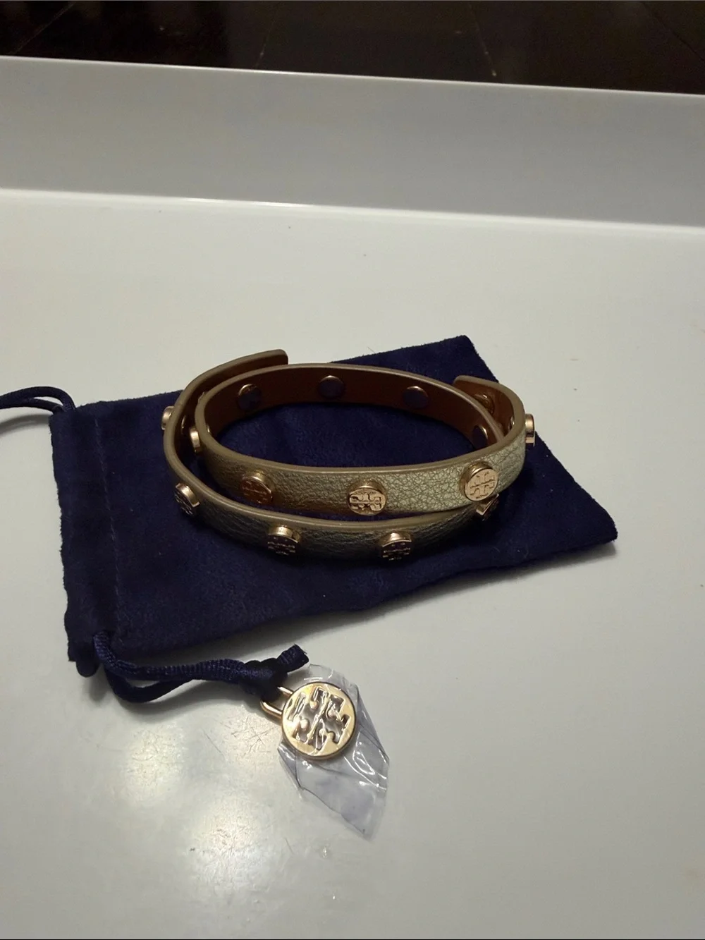 Tory Burch Pewter & Gold Logo Stud Double Wrap Bracelet